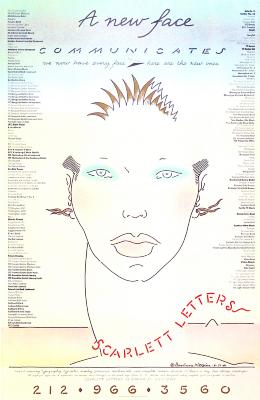 Posters depicts: portrait of a woman made from a thin black outline with green eyeshadow, full lips and spiky hair.