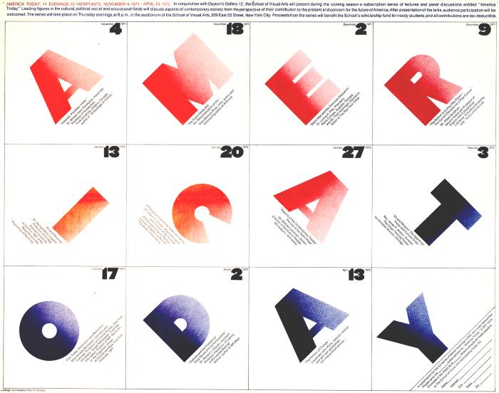 Posters depicts: Event title with each letter in a block in a 4 by 3 grid