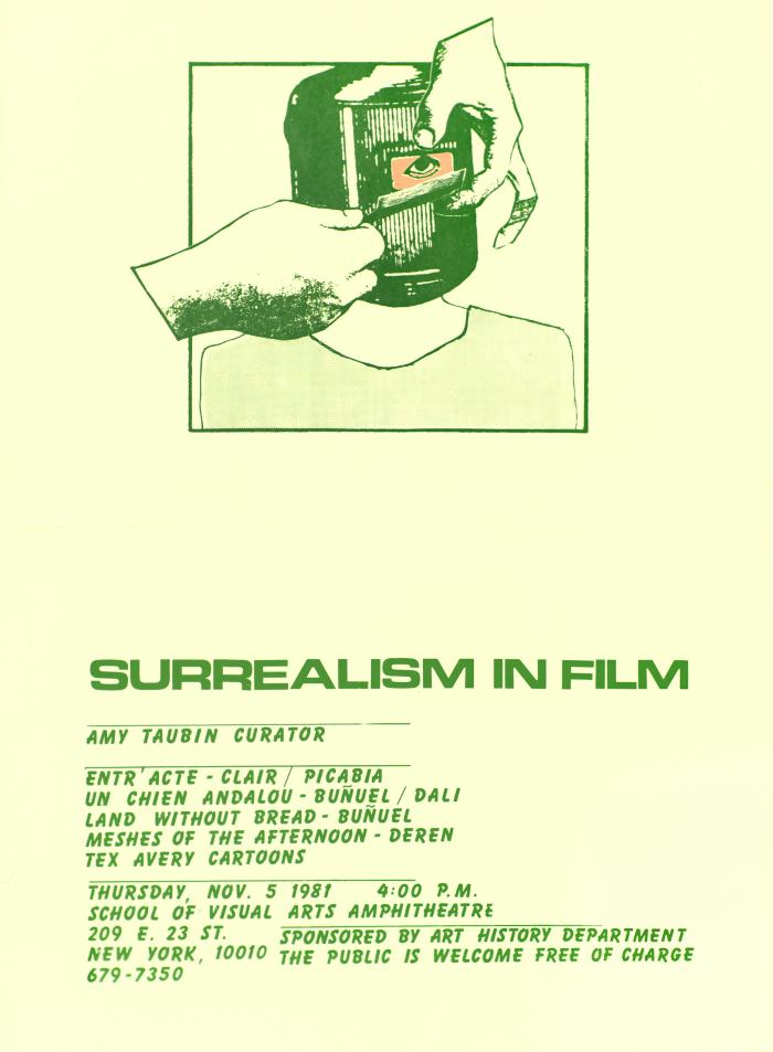 Posters depicts: Green-and-white representation of famous eye scene from Un Chien Andalou, with the woman's head in some kind of pot with opening for her eye, with event information and list of films in green type below