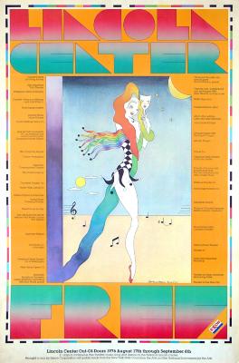 Posters depicts: Long legged woman dressed like a jester. Her leg becomes a ribbon which becomes a frame for the image.