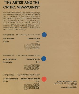 Posters depicts: brown poster with list of particular events and participants in black type running down the left half of the poster, with two blue dots and one red dot running down the center 