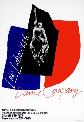 Posters depicts: dancer jumping in air on a piece of black torn paper on top of red and blue torn papers