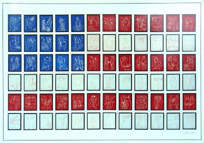 Posters depicts: Grid of line drawings with blue, white and red backgrounds resembling an American flag.