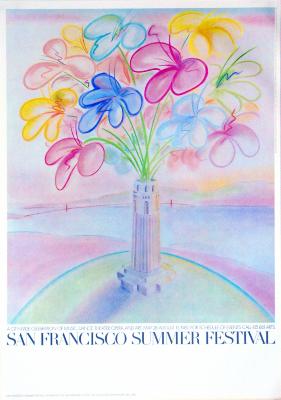 Posters depicts: Tower holding flowers like a vase in a landscape overlooking San Francisco Bay