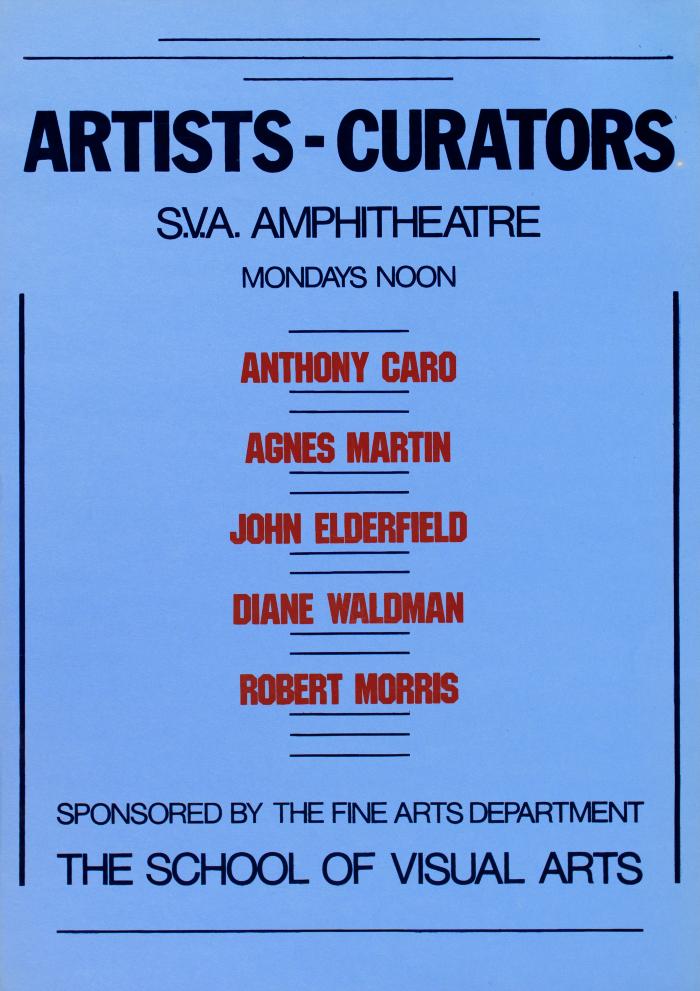 Posters depicts: event information in blue text, list of participants in red text, on blue paper