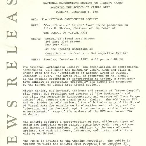 Press Releases depicts: Typewritten document describing exhibition