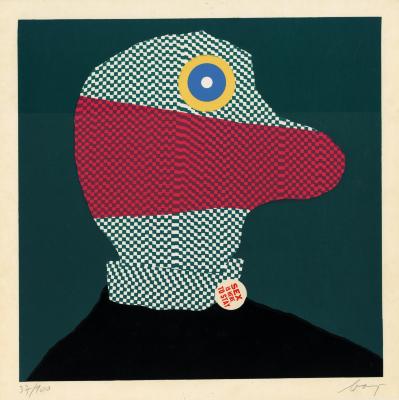 Prints depicts: Abstract figure of a person's head with a pin that says "sex is here to stay"