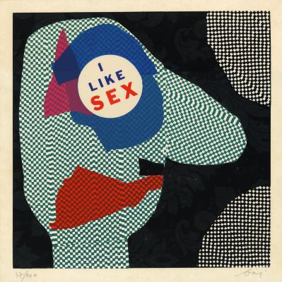 Prints depicts: Abstract figure of a head with eyes that have the words "I like sex"