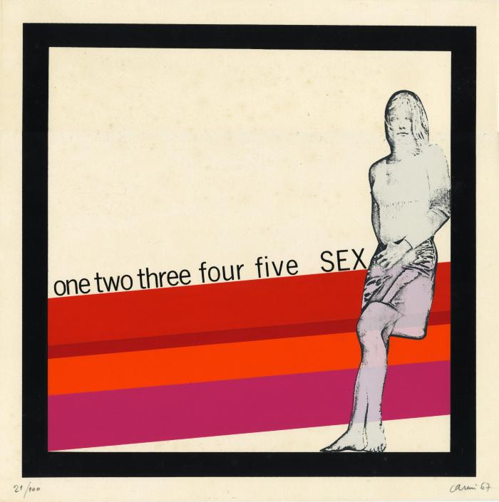 Prints depicts: A cutout of a woman sitting on colorful rectangles. Title written on top of the rectangles. 