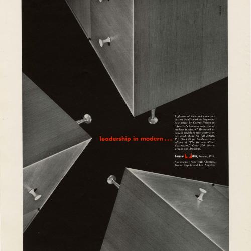 Advertisements depicts: three corners of modern furniture meeting in center of page where it reads "leadership in modern"