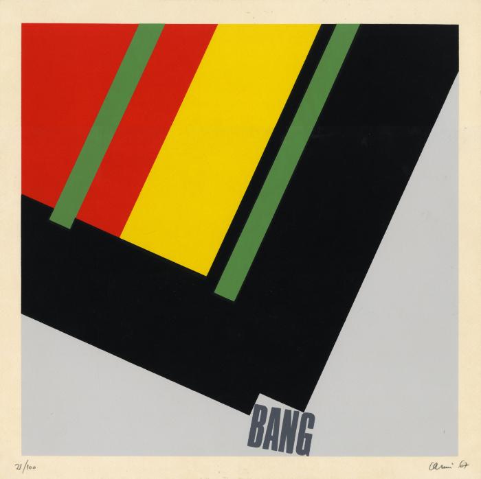 Prints depicts: Large geometric shapes with the word 'bang' underneath.