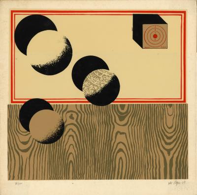 Prints depicts: Graphic of three spheres and a cube on a white and wooden surface. 