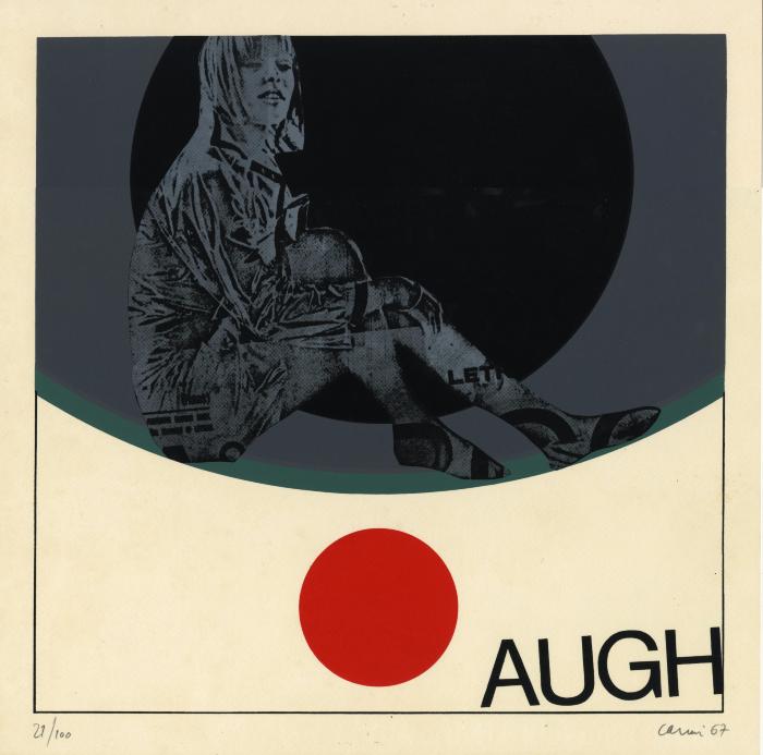 Prints depicts: Cut out of a woman in a grey circle. 'Augh' is written on the bottom right corner. 