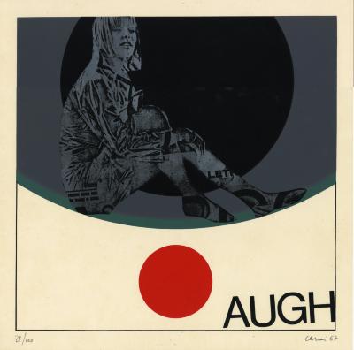 Prints depicts: Cut out of a woman in a grey circle. 'Augh' is written on the bottom right corner. 