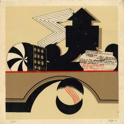 Prints depicts: Geometric objects in black and white on a bridge-like shape