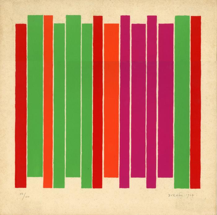 Prints depicts: Long vertical rectangles. Red, green, orange, purple.