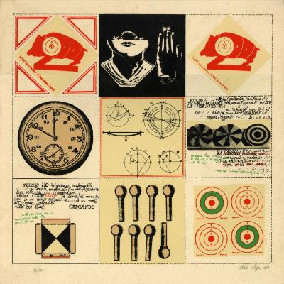Prints depicts: Nine equal squares with different graphics in each square. Black, white, red, and green.