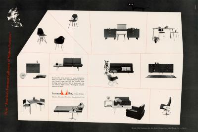 Advertisements depicts: background divided by irregular geometric shapes, each containing an image of a piece of modern office furniture