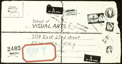 Posters depicts: Poster designed like a battered air mail envelope