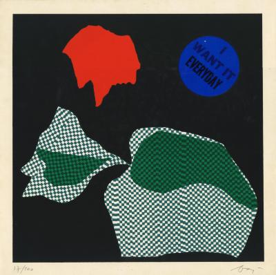 Prints depicts: Abstract and colorful shapes with a circle that says "I want it everyday"