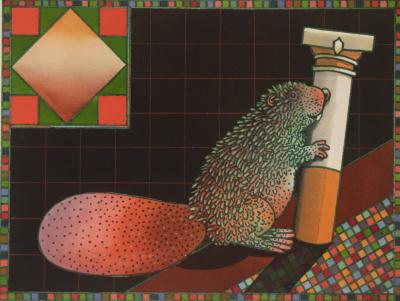 Original Art, Posters depicts: colorful beaver gnawing on a column in Astor Place subway station