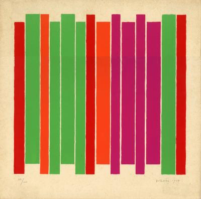 Prints depicts: Long vertical rectangles. Red, green, orange, purple.