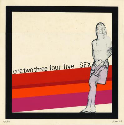 Prints depicts: A cutout of a woman sitting on colorful rectangles. Title written on top of the rectangles. 