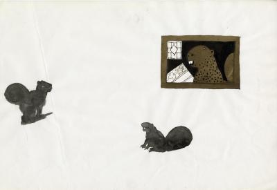 Original Art, Posters depicts: Two blotchy black ink beavers and one brown beaver in profile