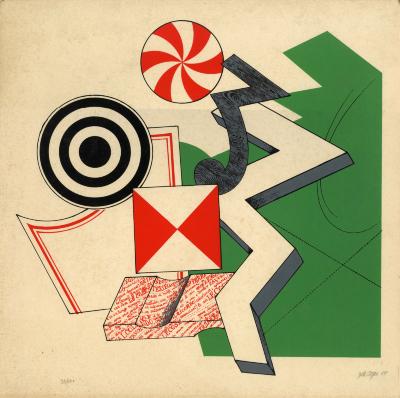Prints depicts: Graphics of geometric and abstract shapes. Green, black, white, and red.