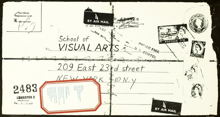 Posters depicts: Poster designed like a battered air mail envelope