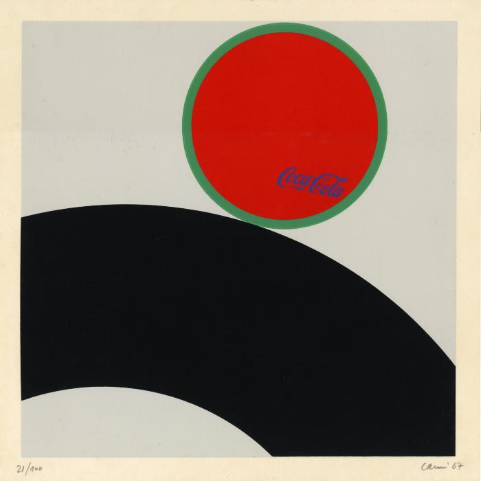Prints depicts: Large and round geometric shapes. Circle has the Coca-Cola logo on it. 
