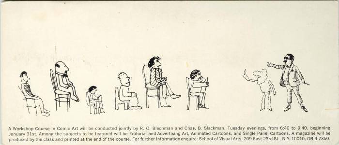 Course Announcements depicts: Roughly drawn ink illustrations of students learning how to draw from a professor.