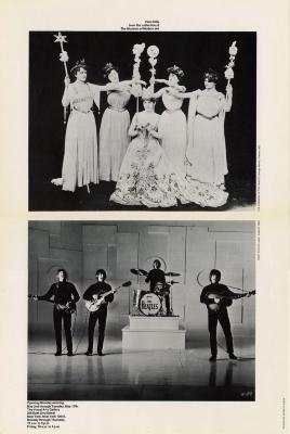 Posters depicts: Poster split in half with five women in grecian gowns on top, the Beatles on the bottom
