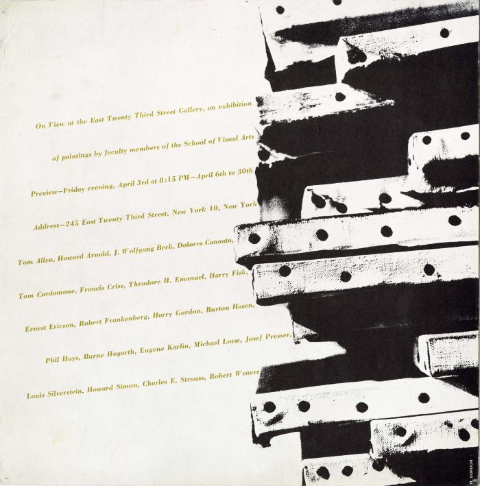 stacked canvases next to list of exhibition participants