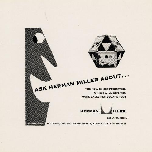 Advertisements depicts: Face in profile saying "ask Herman Miller about" with hexagonal 3-dimensional shape