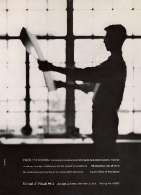 Advertisements depicts: black and white photograph of a man in profile holding up a piece of art and looking at it