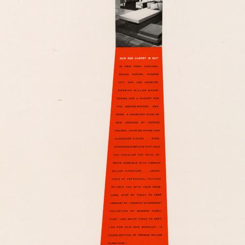 Advertisements depicts: type on red carpet leading to modern office furniture