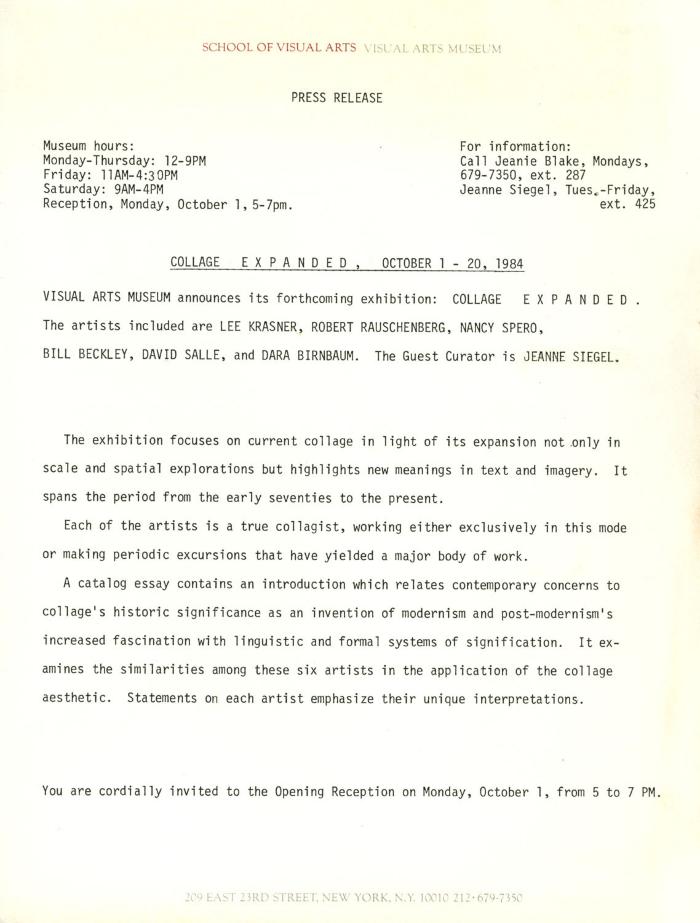 Press Releases depicts: Typewritten document describing exhibition