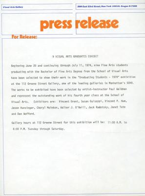 Press Releases depicts: Typewritten document describing exhibition