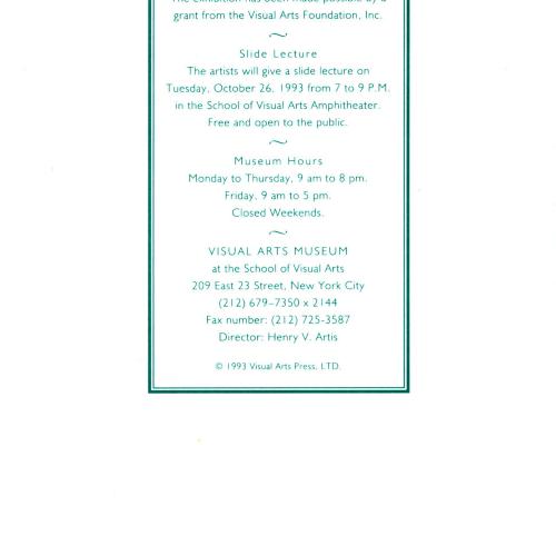 Programs depicts: Back cover of artists' statement for Leo and Diane Dillon: A Retrospective with lecture details and museum hours