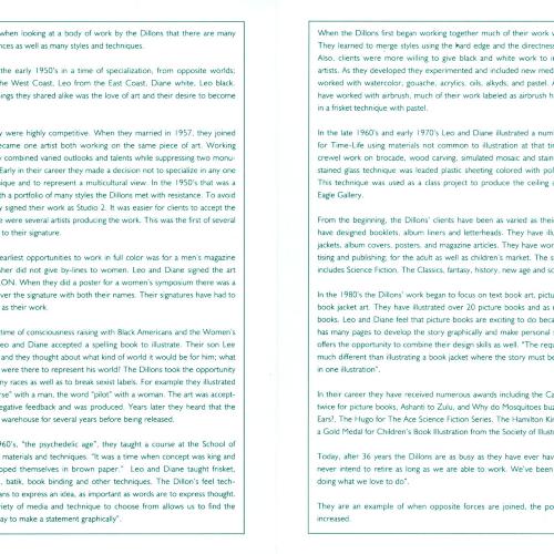 Programs depicts: Interior of brochure with text of artists' statement for Leo and Diane Dillon: A Retrospective
