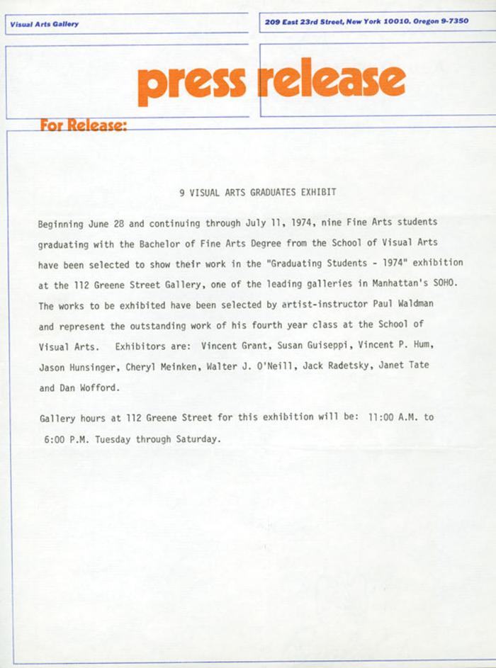 Press Releases depicts: Typewritten document describing exhibition