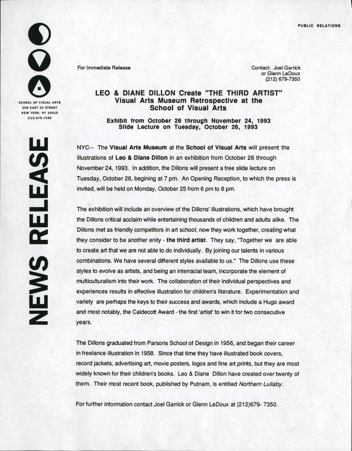 Press Releases depicts: typed press release on School of Visual Arts letterhead