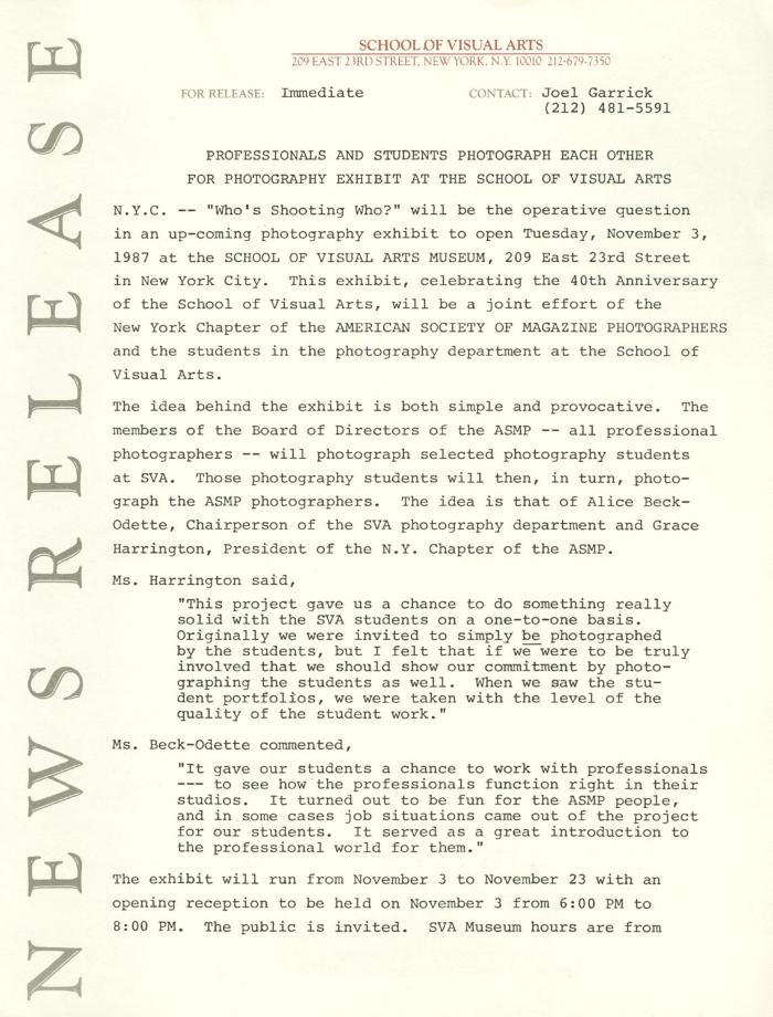 Press Releases depicts: Typewritten document describing exhibition