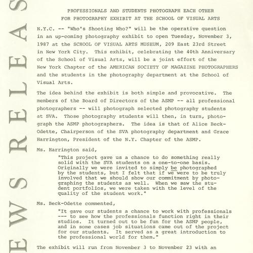 Press Releases depicts: Typewritten document describing exhibition