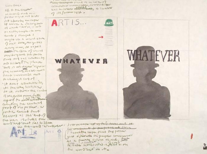 Original Art, Posters depicts: sketch of black silhouetted figure with a bowler hat with the word "Hat" placed within the hat. Handwritten notes are in a column on the left.