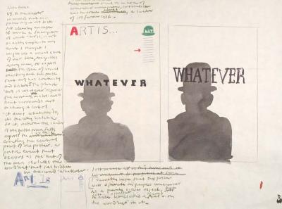 Original Art, Posters depicts: sketch of black silhouetted figure with a bowler hat with the word "Hat" placed within the hat. Handwritten notes are in a column on the left.