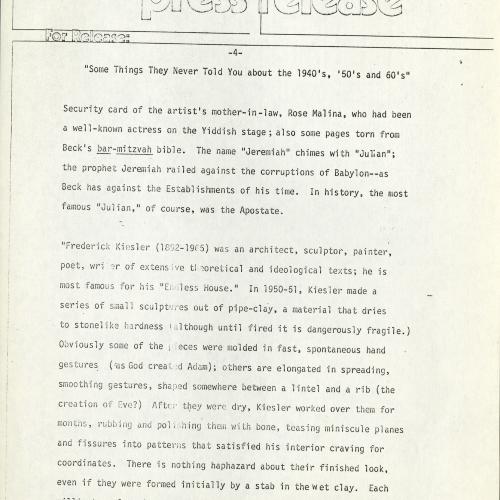 Press Releases depicts: Typewritten description of exhibition