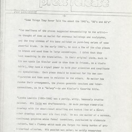 Press Releases depicts: Typewritten description of exhibition