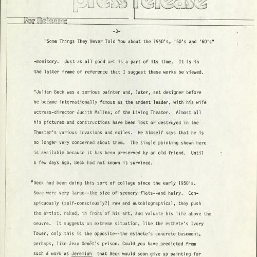 Press Releases depicts: Typewritten description of exhibition